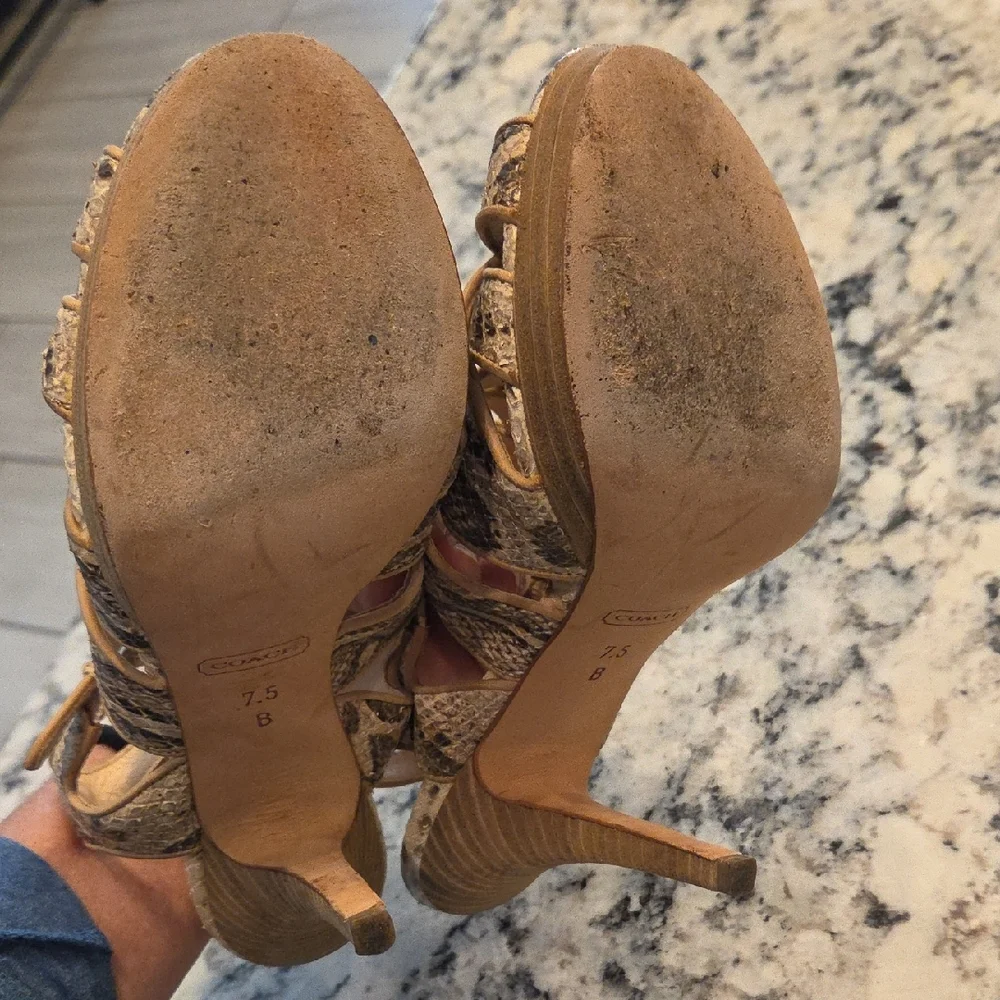 Coach Snakeskin Strappy Heels in Tan and Brown - Picture 7 of 10